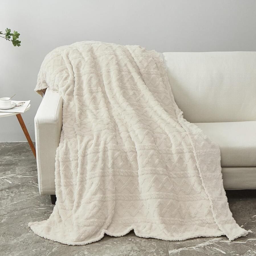S&Dshopline Knuffeldeken pluizige deken voor bank boho-deken bankdeken wollen deken 220 x 240 cm fleecedeken woondeken bankdeken zacht warm voor bed bank deken wit-crème