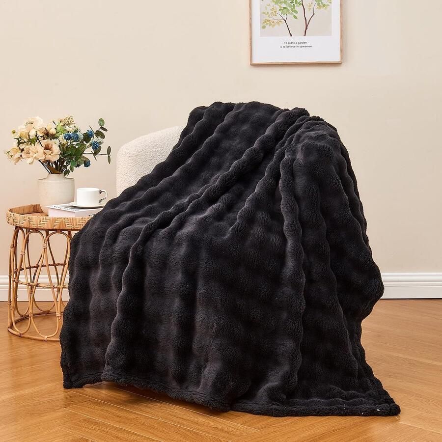 S&Dshopline Knuffeldeken pluizige fleecedeken winter warme pluche deken luxe imitatiebont licht zachte deken voor bed en bank 153 cm x 203 cm zwart