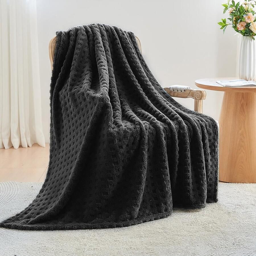 S&Dshopline Knuffeldeken wollig imitatiebont deken sofa wafel bankovertrek warme bankdeken comfortabele bankdeken zachte woondeken voor bank en bed 127 x 178 cm zwart