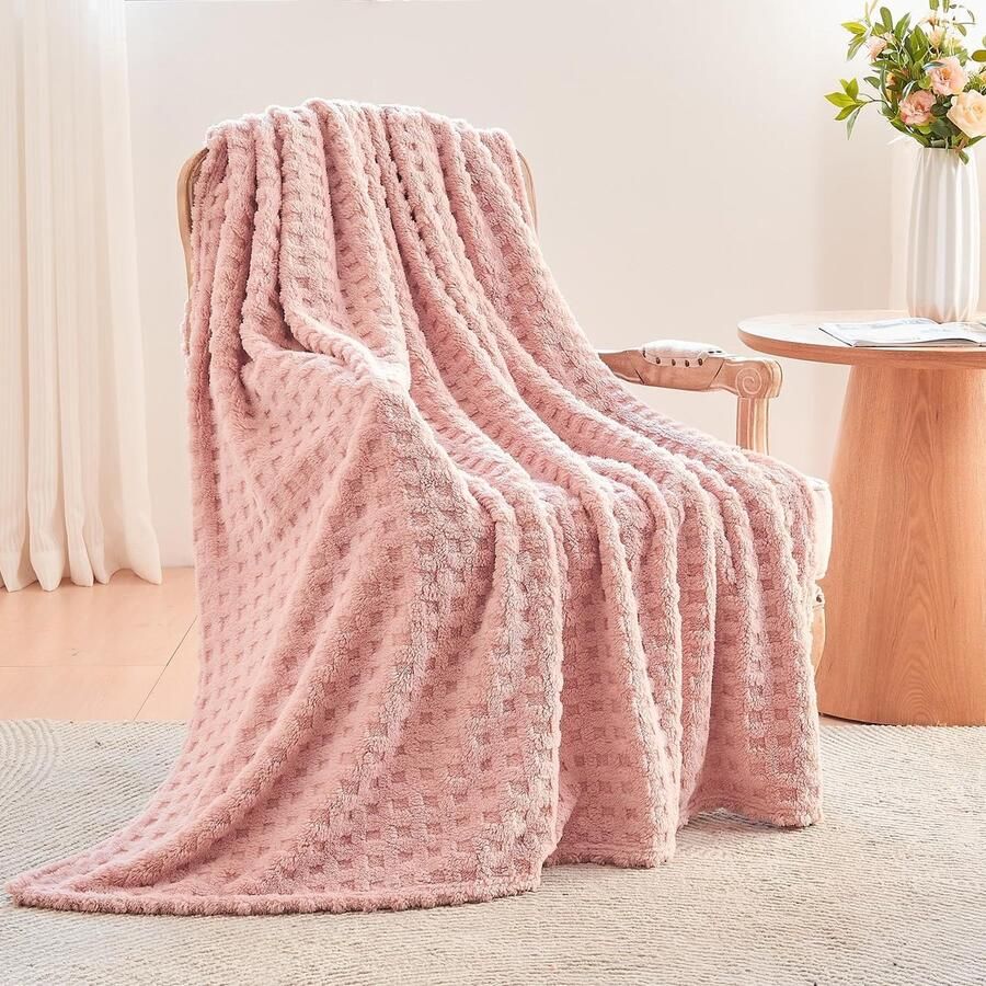 S&Dshopline Knuffeldeken wollig imitatiebont deken sofa wafel bankovertrek warme bankdeken comfortabele bankdeken zachte woondeken voor bank en bed 127 x 178 cm roze