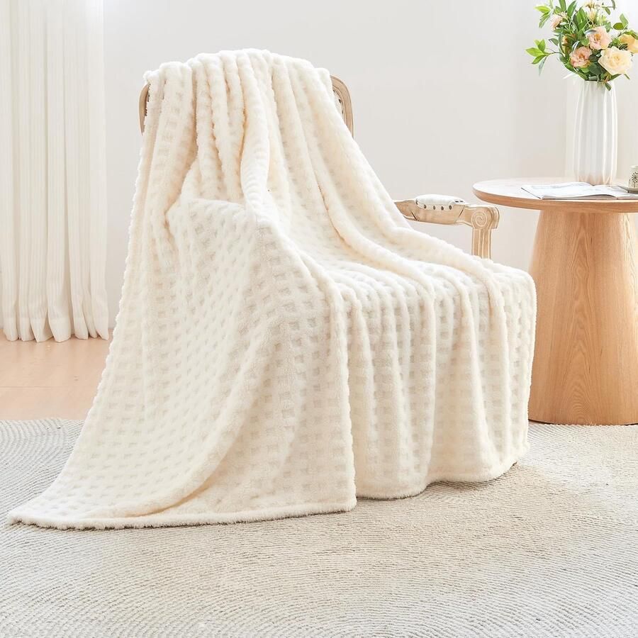 S&Dshopline Knuffeldeken wollig imitatiebont deken sofa wafel bankovertrek warme bankdeken comfortabele bankdeken zachte woondeken voor bank en bed 178 x 203 cm wit