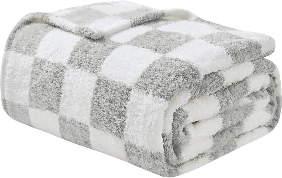 S&Dshopline Knuffeldeken wollige sherpa geruite deken 150 x 200 cm zachte warme wollen deken en fleecedeken sprei deken voor bank grijs