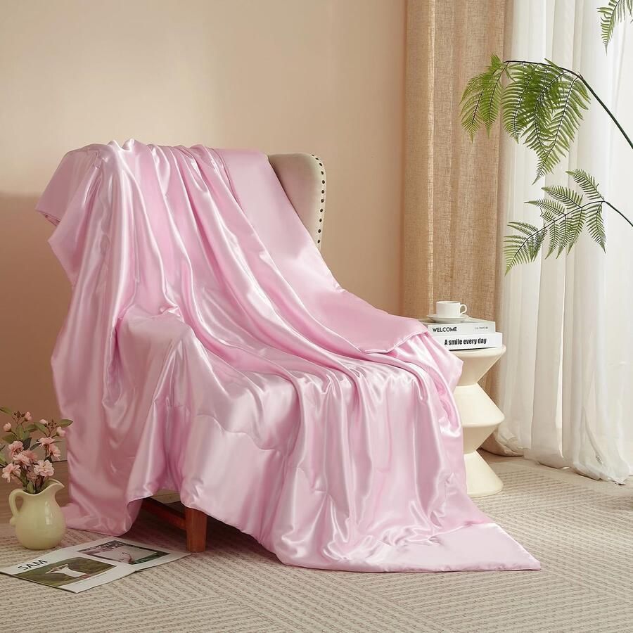 S&Dshopline Knuffeldeken woondeken 200 x 200 cm roze satijn glanzende deken verkoelend satijnen deken bedsprei bankdeken deken voor bank bed slaapkamer kantoor