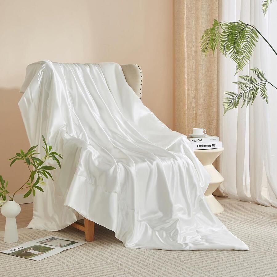 S&Dshopline Knuffeldeken woondeken 200 x 200 cm wit satijn glanzende deken verkoelend satijnen deken bedsprei bankdeken deken voor bank bed slaapkamer kantoor