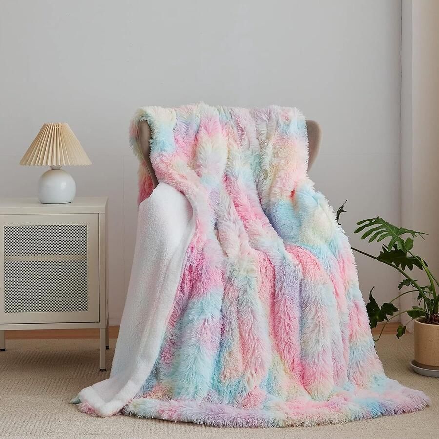 S&Dshopline Kunstbontdeken Sherpa schapendeken comfortabele luxe pluizige knuffeldeken zachte deken voor bank en bed regenboog-200 x 220 cm