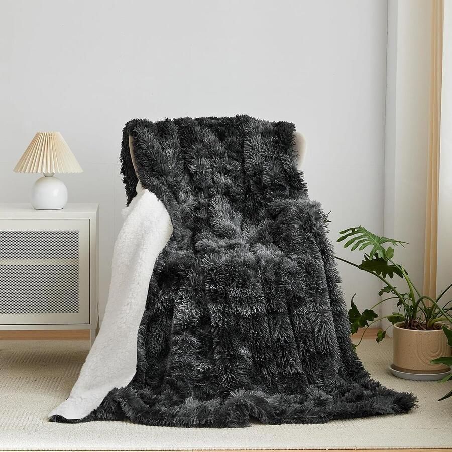 S&Dshopline Sherpa Schapendeken van imitatiebont luxe zachte deken voor bank en bed 130 x 160 cm zwart