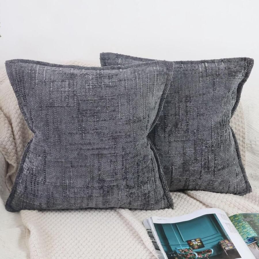 S&Dshopline Kussensloop 45 x 45 cm antraciet set van 2 zachte chenille kussenslopen textuur bamboevoegen bank sierkussen edel en luxe knuffelkussen voor woonkamer slaapkamer en woondecoratie
