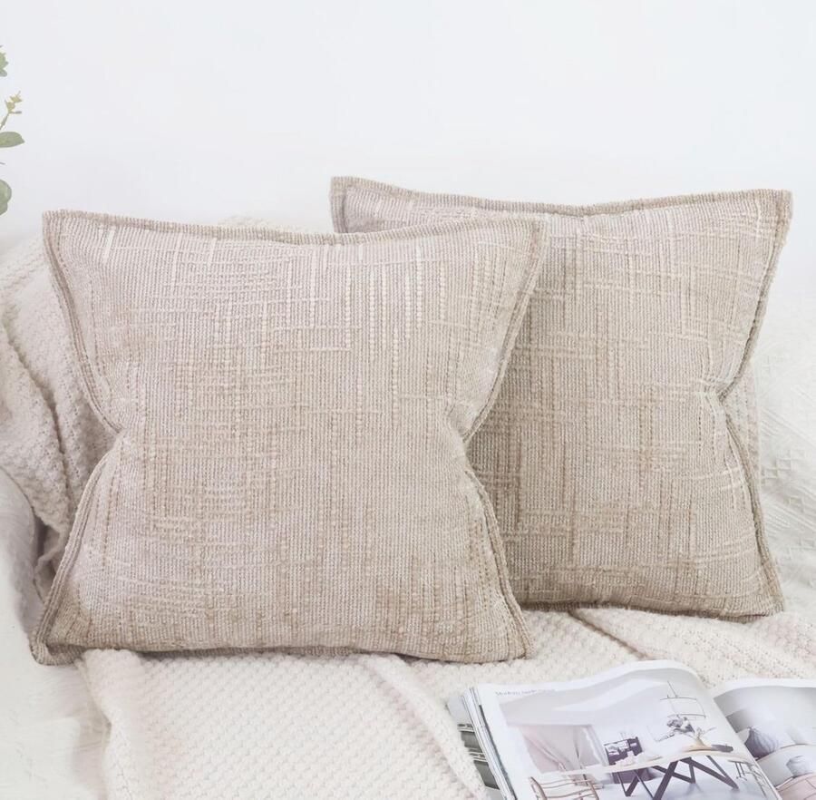 S&Dshopline Kussensloop 45 x 45 cm beige set van 2 zachte chenille kussenslopen textuur bamboevoegen bank sierkussen edel en luxe knuffelkussen voor woonkamer slaapkamer en woondecoratie