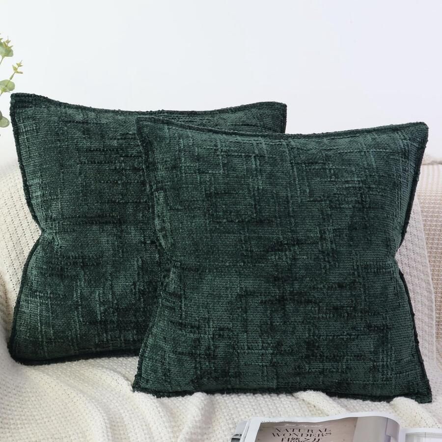 S&Dshopline Kussensloop 45 x 45 cm donkergroen set van 2 zachte chenille kussenslopen textuur bamboevoegen bank sierkussen edel en luxe knuffelkussen voor woonkamer slaapkamer en woondecoratie