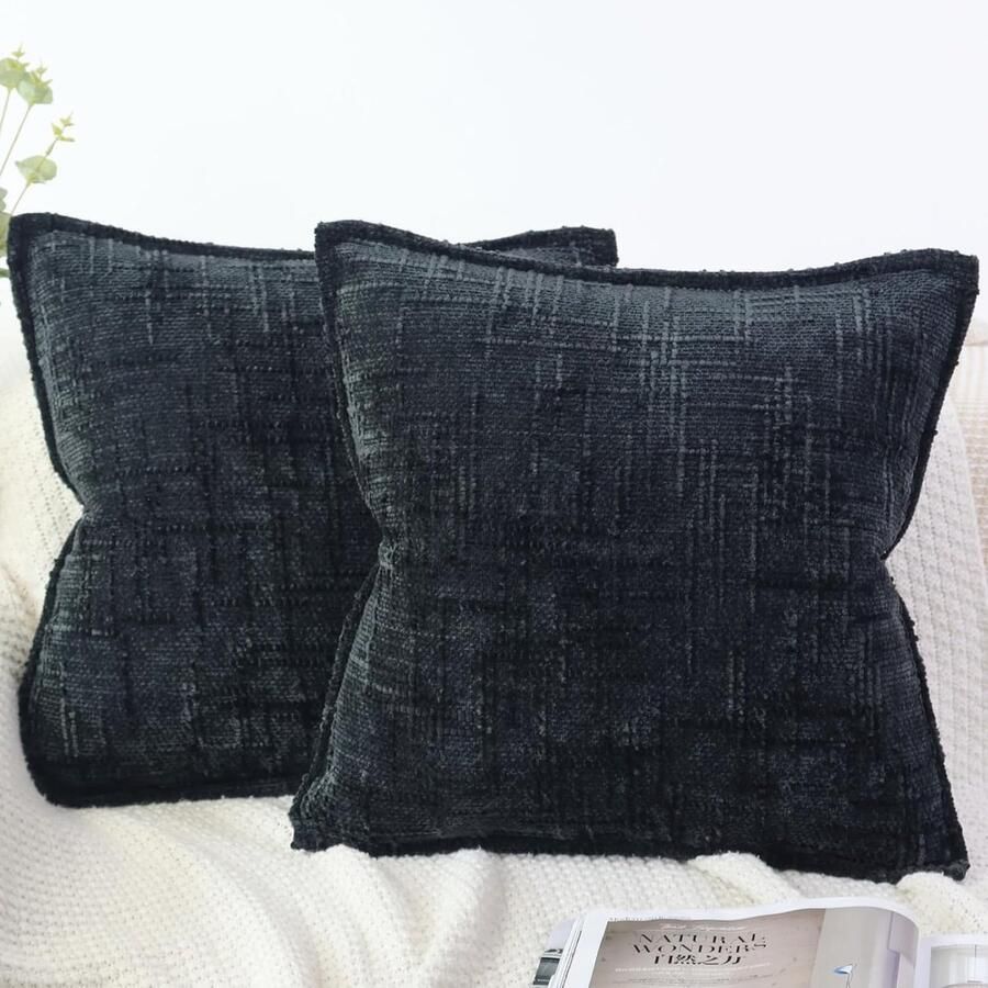 S&Dshopline Kussensloop 45 x 45 cm zwart set van 2 zachte chenille kussenslopen textuur bamboevoegen bank sierkussen edel en luxe knuffelkussen voor woonkamer slaapkamer en woondecoratie