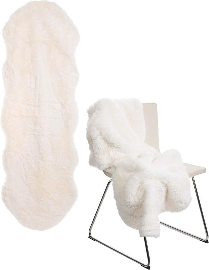 S&Dshopline Lamsvachttapijt 60 x 180 cm XXL pluizig hoogpolig tapijt van kunstvezel zacht warme decoratieve onderlegger voor vloer bank stoel en bed wasbaar voor binnen en buiten crème