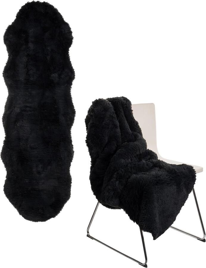 S&Dshopline Lamsvachttapijt 60 x 180 cm XXL pluizig hoogpolig tapijt van kunstvezel zacht warme decoratieve kussen voor vloer bank stoel en bed wasbaar voor binnen en buiten zwart