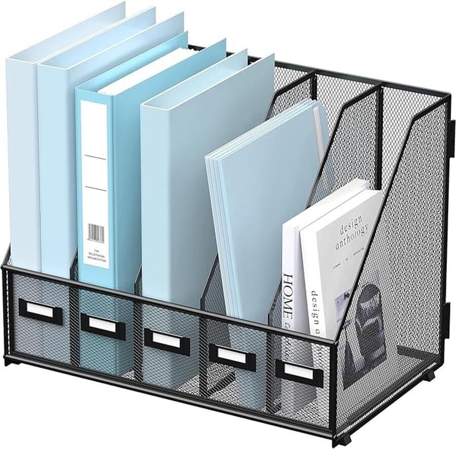 S&Dshopline Metalen bureau-organizer tijdschriftenhouder met 5 verticale compartimenten organizer voor kantoor bureau thuiskantoor zwart