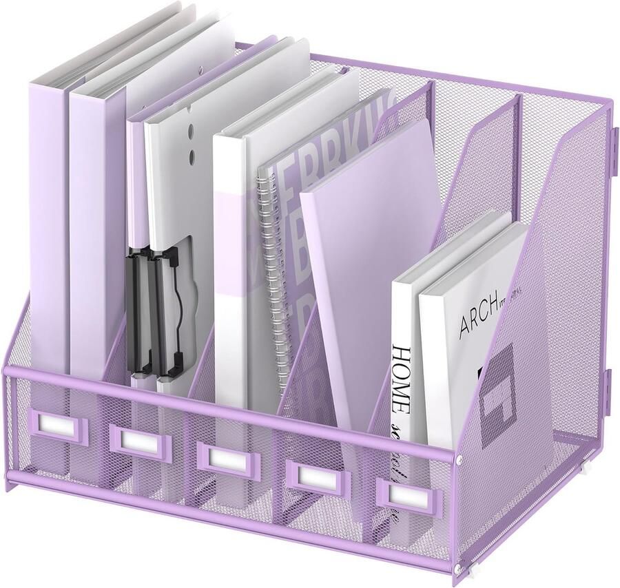 S&Dshopline Metalen bureau-organizer tijdschriftenhouder met 5 verticale compartimenten organizer voor kantoor bureau thuiskantoor paars