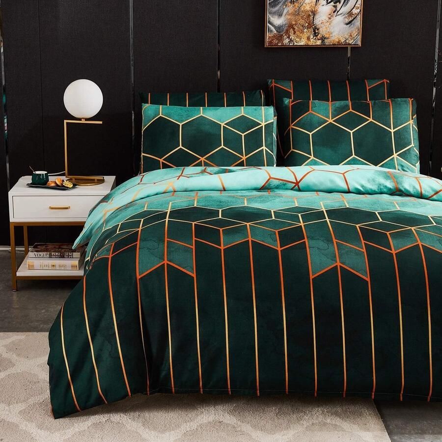 S&Dshopline Microvezel beddengoed 200 x 220 cm groen strepen geometrisch gestreept tweepersoonsbed set dekbedovertrek 3-delig 1 x dekbedovertrek 200 220 met ritssluiting 2 x kussenslopen 80 x