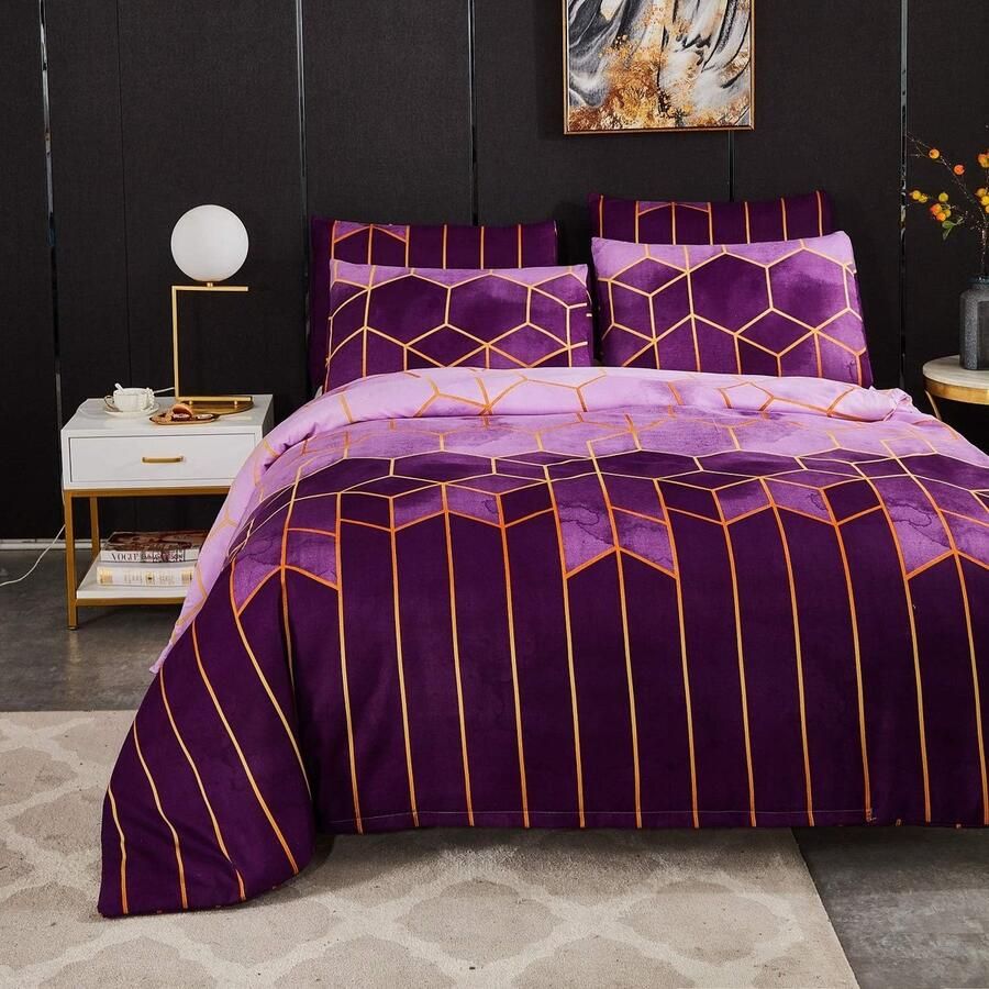 S&Dshopline Microvezel beddengoed 200 x 220 cm paars violet strepen geometrisch gestreept tweepersoonsbed 3-delig 1 x dekbedovertrek 200 220 cm met ritssluiting 2 x kussenslopen 80 x 80 cm
