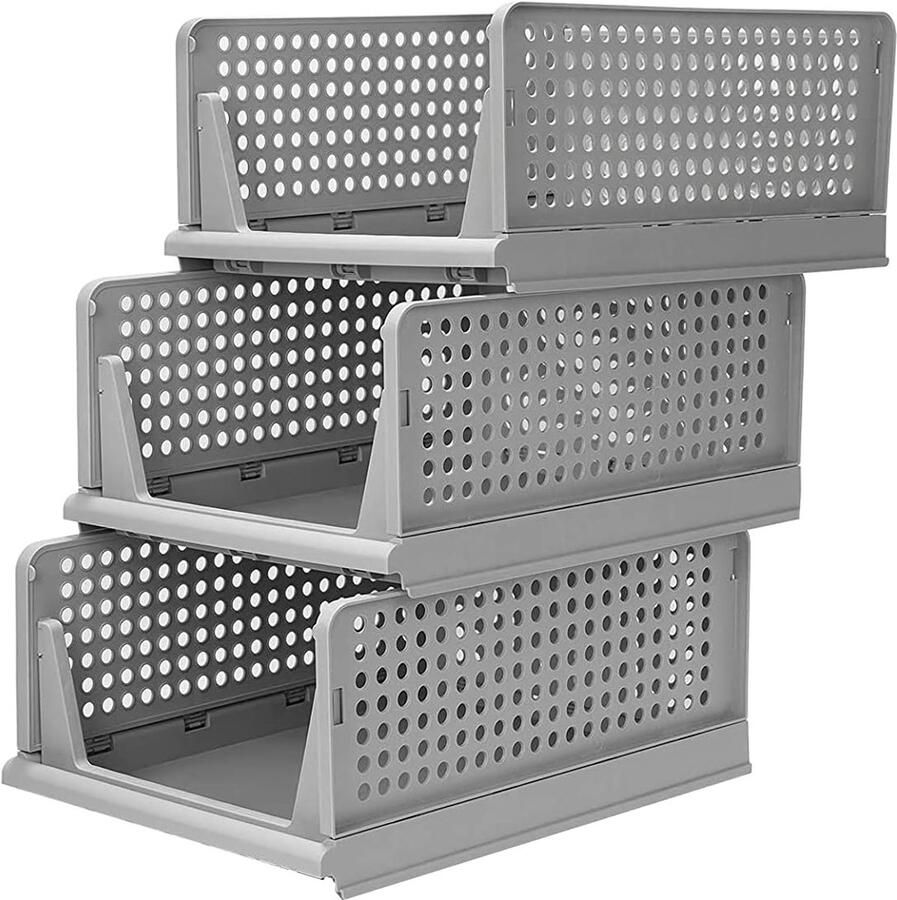 S&Dshopline Opvouwbare en stapelbare kledingkast opbergdozen voor slaapkamer kleding opslag kunststof organizer lade 3 stuks grijs