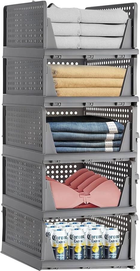 S&Dshopline Opvouwbare en stapelbare kledingkast opbergdozen voor slaapkamer kleding opslag kunststof lade-organizer 5 stuks grijs (stijl 1 5)