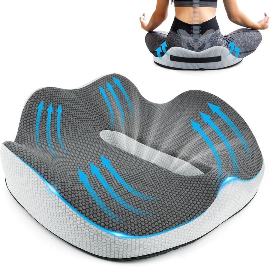 S&Dshopline Orthopedisch traagschuim zitkussen Ergonomisch stuitbeenkussen pijnverlichting bij ischias aambeien en rugpijn zitkussen voor bureaustoel auto rolstoel en bank (grijs)