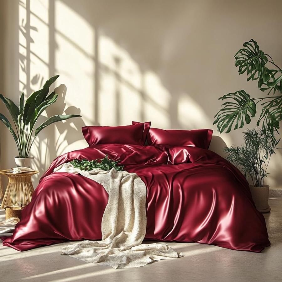 S&Dshopline Satijnen beddengoedset 200 x 200 cm wijnrood rood bordeaux zijde glad glanzend satijn luxe zomerbeddengoed set satijn polyester effen tweepersoonsbed dekbedovertrek met ritssluiting en 2