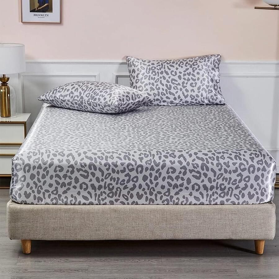 S&Dshopline Satijnen hoeslaken 140 x 200 cm voor boxspring luipaardpatroon zomer blauw lichtblauw satijn zijdepatroon verkoelend linnen laken voor hoge matrassen van 25-30 cm