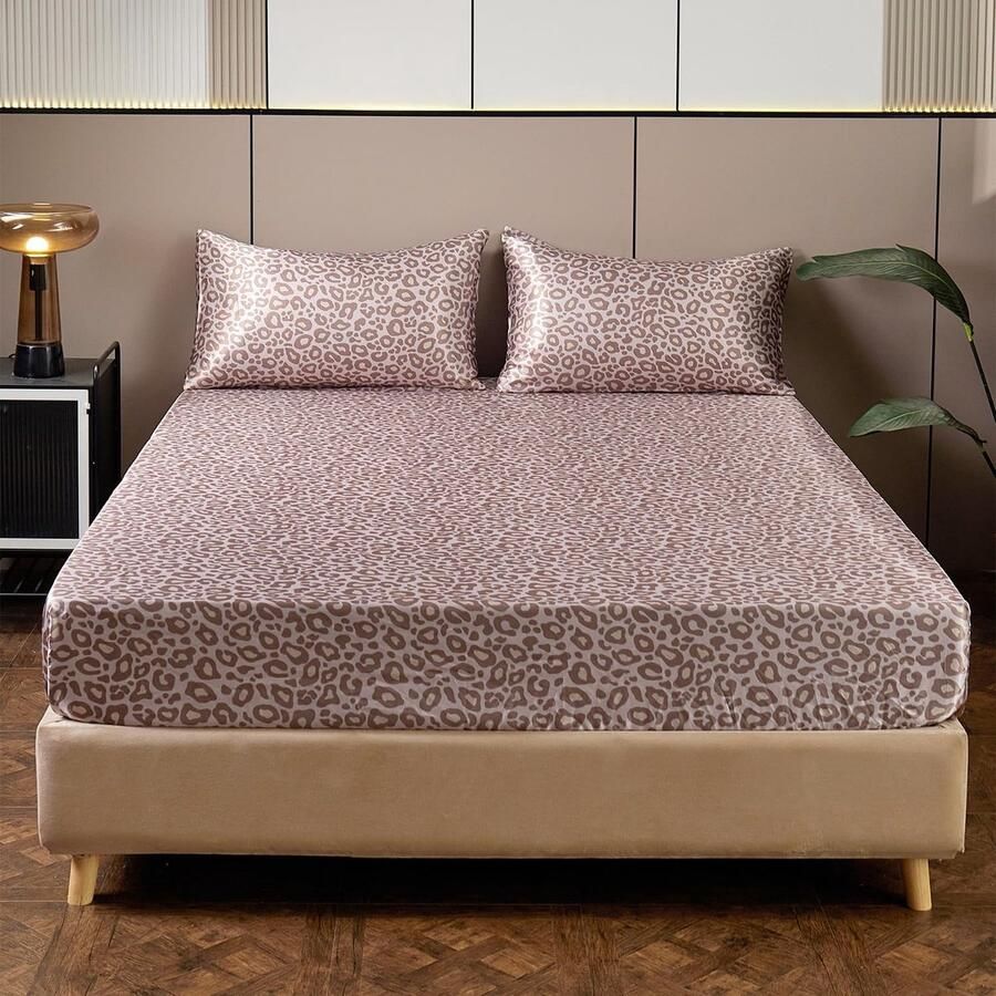 S&Dshopline Satijnen hoeslaken 160 x 200 cm voor boxspring roze luipaardpatroon glanzend zijde oudroze voor hoge matrassen van 25-30 cm