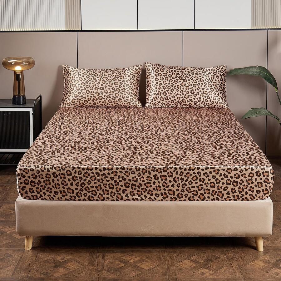 S&Dshopline Satijnen hoeslaken 160 x 200 cm voor boxspring zomer goudgeel luipaardpatroon satijn glanzend zijde voor hoge matrassen van 25-30 cm