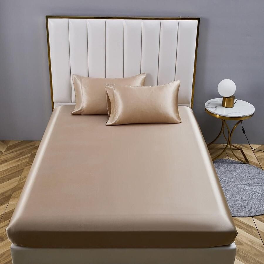 S&Dshopline Satijnen hoeslaken 200 x 200 cm goud effen zijde hoeslaken microvezel bedlaken voor matrassen tot 25 cm