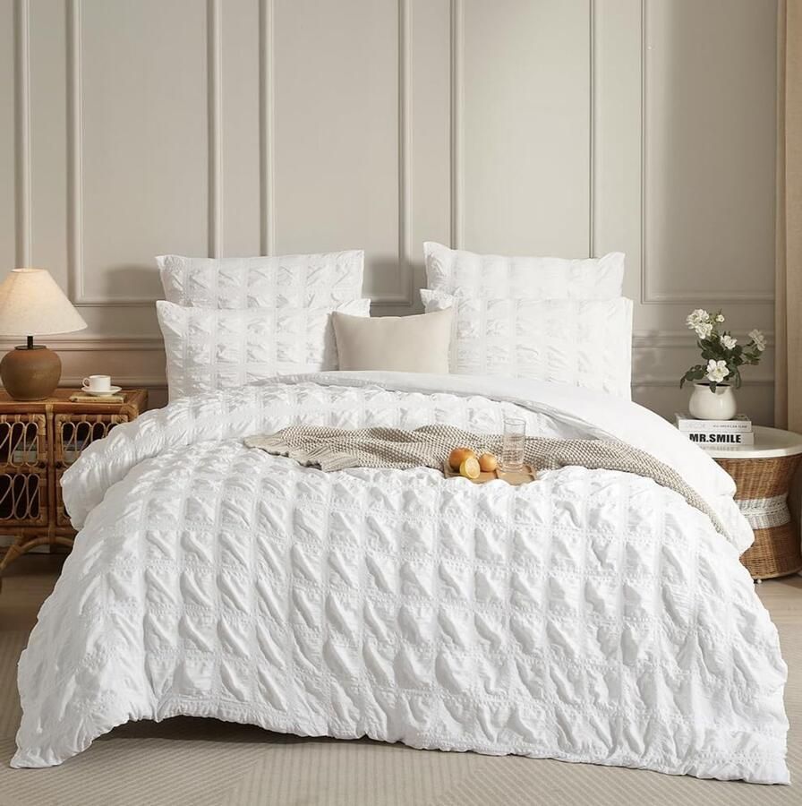 S&Dshopline Seersucker Beddengoed wit zomer verkoelend gestreept geruit effen microvezel ademend licht dekbedovertrek eenpersoonsbed en kussenslopen 80 x 80 cm met ritssluiting