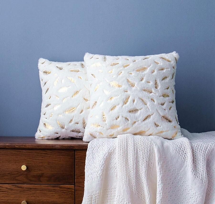 S&Dshopline Set van 2 decoratieve kussenhoezen gouden veren vergulde kussenhoezen zachte kussenhoes pluche imitatiebont glinsterend decoratief kussen bankkussen voor woonkamer bank slaapkamer kantoor auto 40 x 40 cm wit