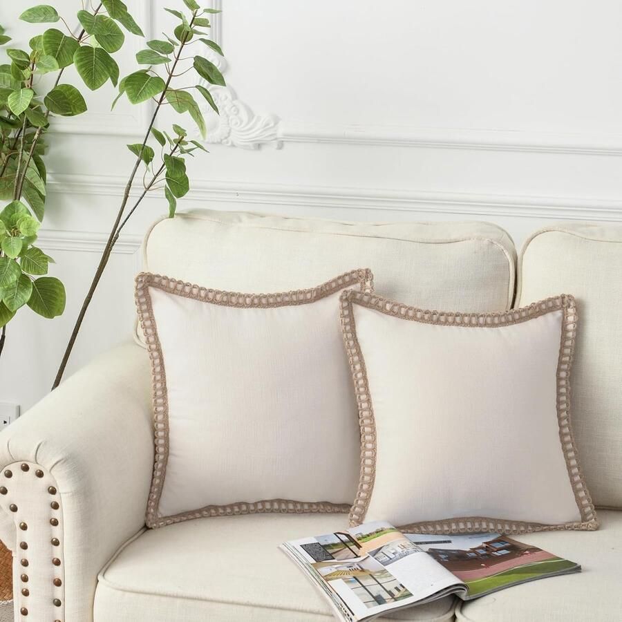S&Dshopline Set van 2 decoratieve kussenhoezen linnen gesneden zachte kussenhoezen vierkante kussenslopen decoratieve kussens bankkussens voor woonkamer bank slaapkamer auto beige 45 x 45 cm