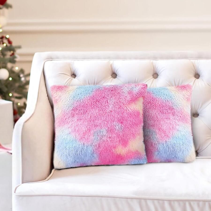 S&Dshopline Set van 2 kunstbont knuffelkussens kunstbont pluche kussen kussenhoes met wollig voor bank stoel woonkamer (regenboog 45 x 45 cm)