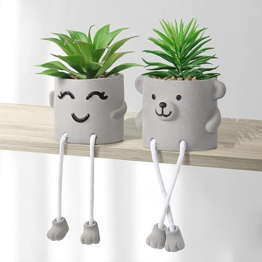 S&Dshopline Set van 2 kunstplanten in pot mini-kunstplant nepvetplanten met hangende poten emotioneel cement potplant faux decoratieve plant voor thuis kantoor tafeldecoratie boekenkast