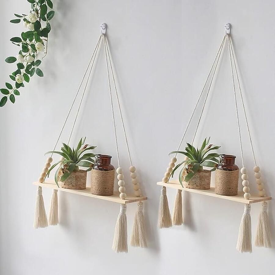 S&Dshopline Set van 2 macramé wandplanken boho decoratie hangplanken katoenen touw met houten kralen kwastjes zwevende plank plantenrek muurplank balkon woonkamer slaapkamer kinderkamer
