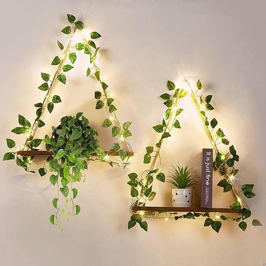 S&Dshopline Set van 2 macramé wandplanken kunstklimop LED-strips wandplank boho decoratie hangende plank zwevende plank plantenplank wandplank slaapkamer badkamer woonkamer