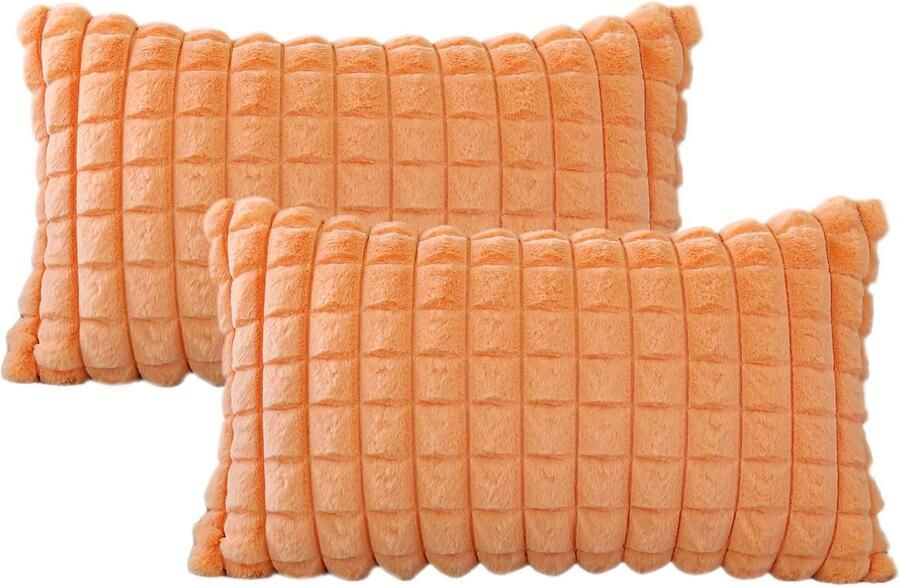 S&Dshopline Set van 2 pluche fluwelen kussenhoezen zacht kunstbont plaid textuur voor bank slaapkamer thuis decoratie (30 x 50 cm oranje)
