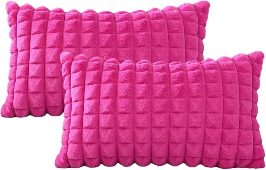 S&Dshopline Set van 2 pluche fluwelen kussenhoezen zacht kunstbont plaid textuur voor bank slaapkamer thuis decoratie (30 x 50 cm rozerood)