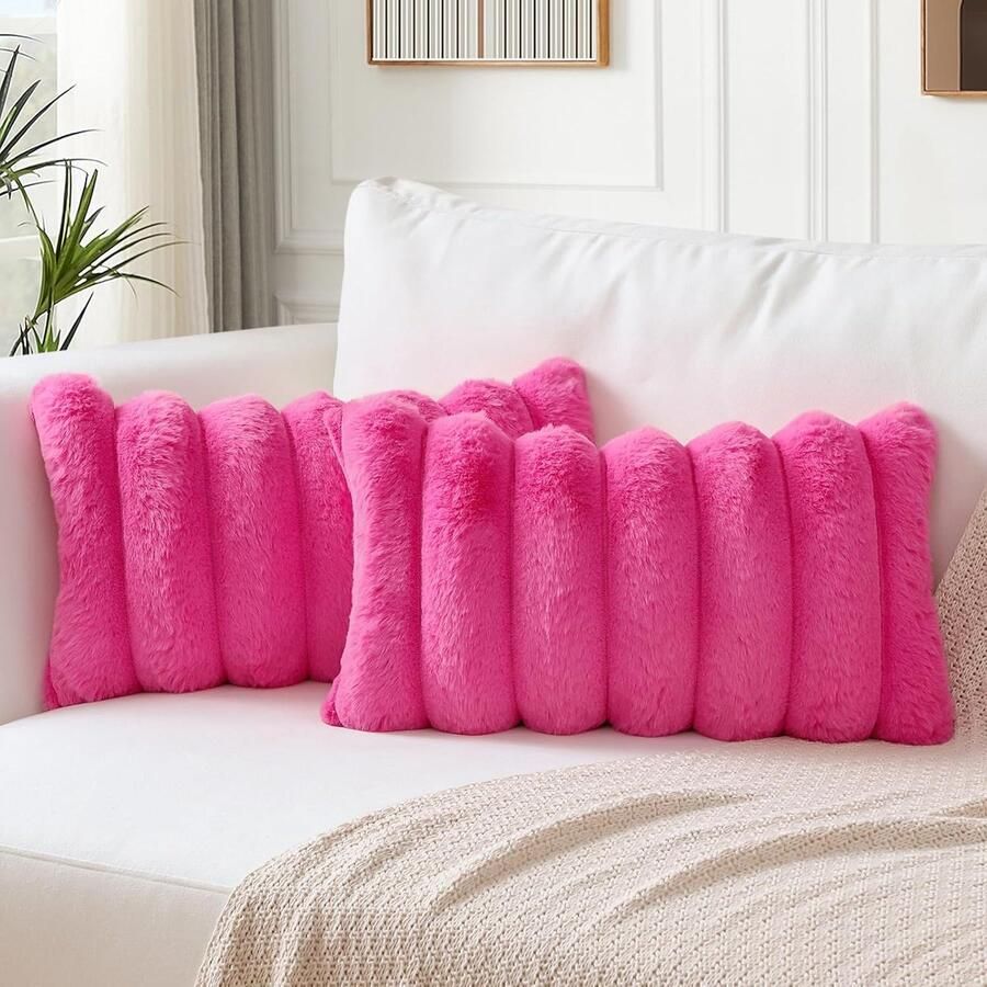 S&Dshopline Set van 2 pluche fluwelen kussenhoezen zacht kunstbont voor bank sierkussens kussenovertrekken set van 2 voor slaapkamer thuis bank auto decoratie (warmroze 30 x 50 cm)