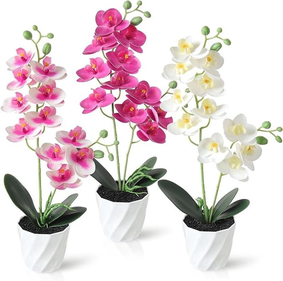 S&Dshopline Set van 3 kunstorchideeën in pot (38 cm) met roze kunstbloemen als echte bloemen phalaenopsis kunstplant decoratieve bloemen voor op tafel wooncultuur kantoordecoratie