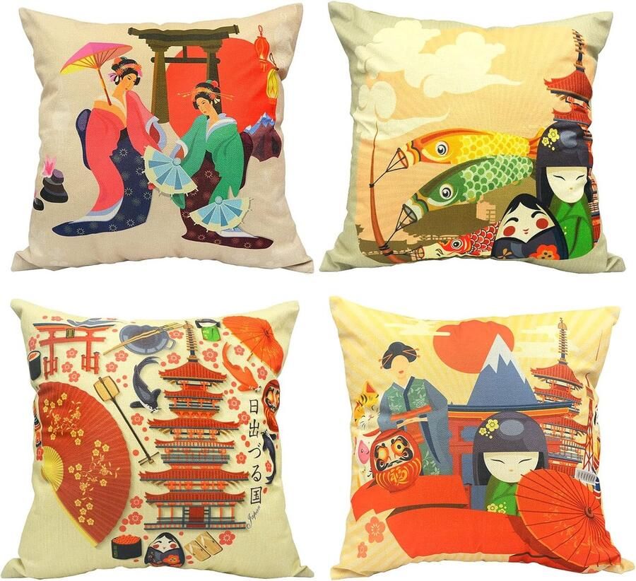 S&Dshopline Set van 4 kussenhoezen Japanse stijl katoen linnen decoratieve kussenhoezen Japanse geisha bedrukt zachte kussenslopen voor bank slaapkamer woonkamer kantoor 45 x 45 cm