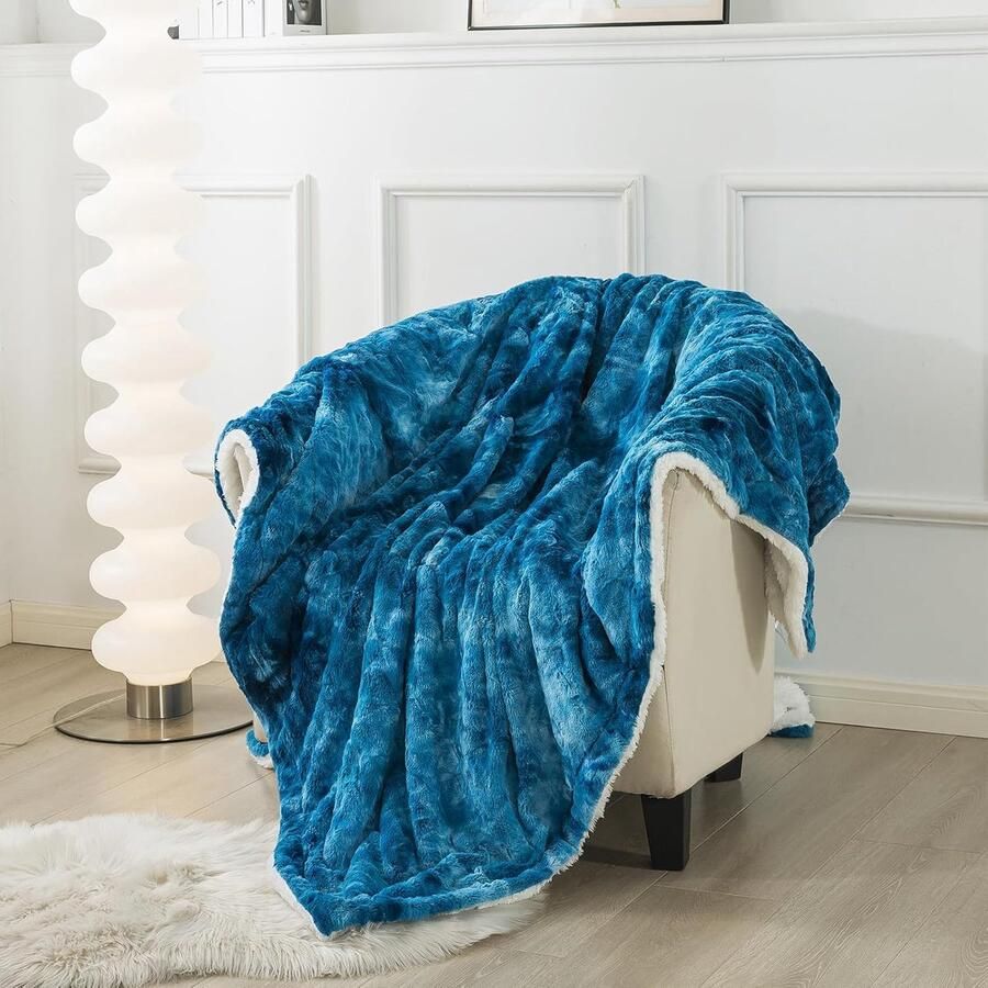 S&Dshopline Sherpa Schapendeken luxe wollige knuffeldeken zachte deken voor bank en bed 160 x 200 cm blauw