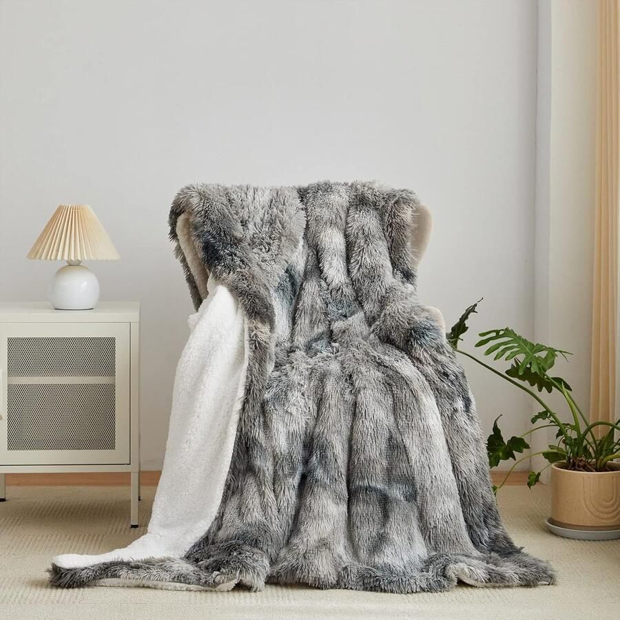 S&Dshopline Sherpa Schapendeken van imitatiebont luxe zachte deken voor bank en bed lichtgrijs 200 x 220 cm