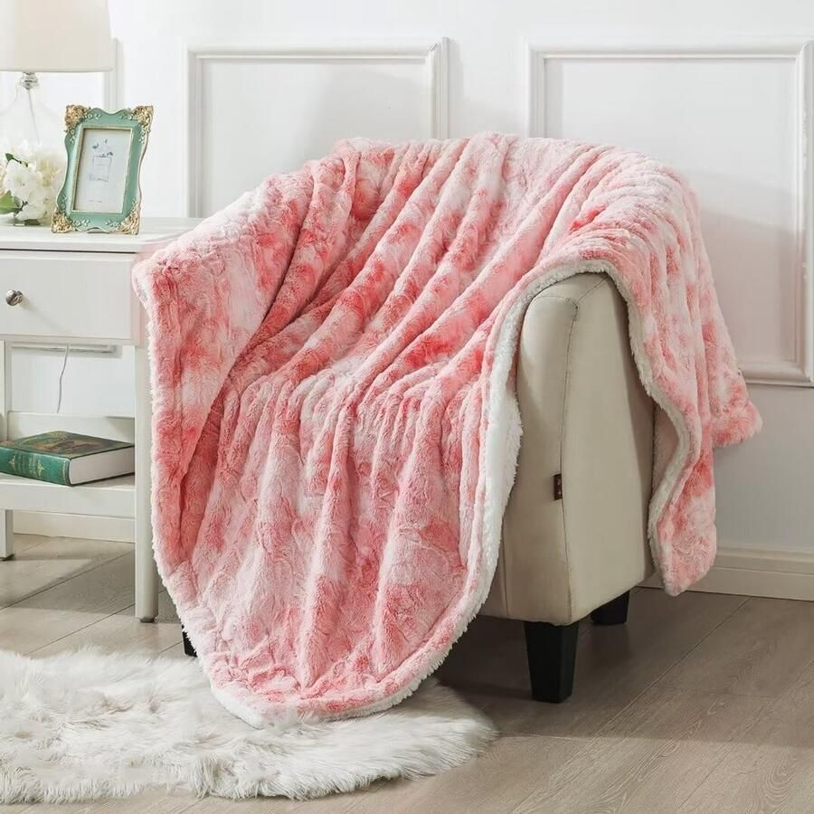S&Dshopline Sherpa Schapendeken van imitatiebont luxe pluizige knuffeldeken zachte deken voor bank en bed roze-wit 130 x 160 cm