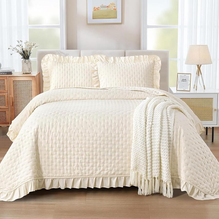 S&Dshopline Sprei 240 x 260 cm bedsprei beige dekbed 3-delig tweepersoonsbed doorgestikt veelzijdige woondeken met 2 kussenslopen van 50 x 75 cm voor slaapkamer als bankovertrek