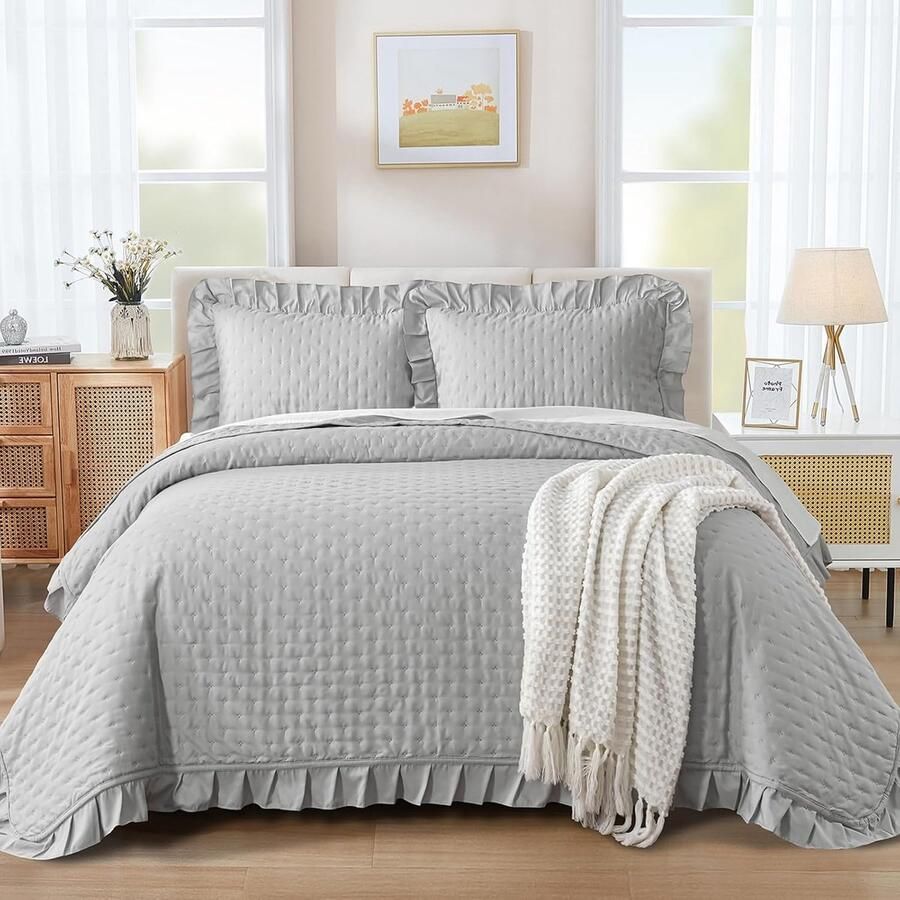 S&Dshopline Sprei 220 x 240 cm bedsprei grijs dekbed 3-delig tweepersoonsbed doorgestikt veelzijdige woondeken met 2 kussenslopen van 50 x 75 cm voor slaapkamer als bankovertrek