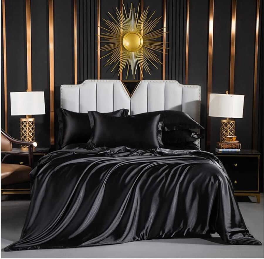 S&Dshopline Zwart beddengoed satijn 200x220 glanzend effen dekbedovertrek tweepersoonsbed set zijde glad luxe beddengoedset glanzend satijn polyester met ritssluiting en kussenslopen 80 x 80 cm