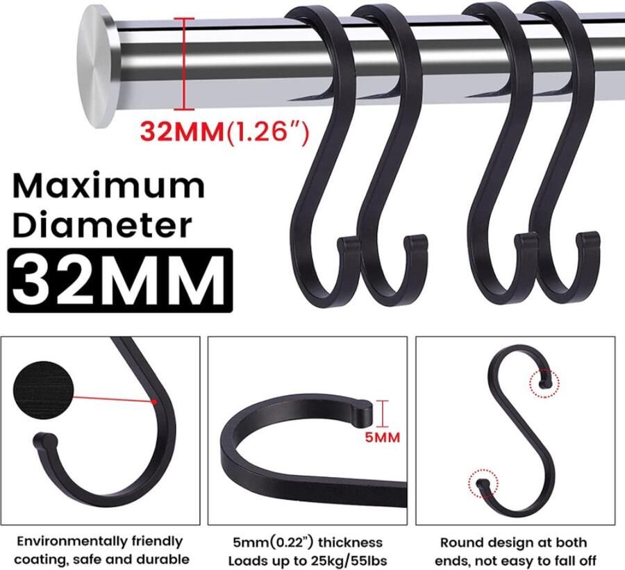 S-Haak Symmetrisch Groot Zwart Set Hangers Kapstok Keuken Garage Kantoor