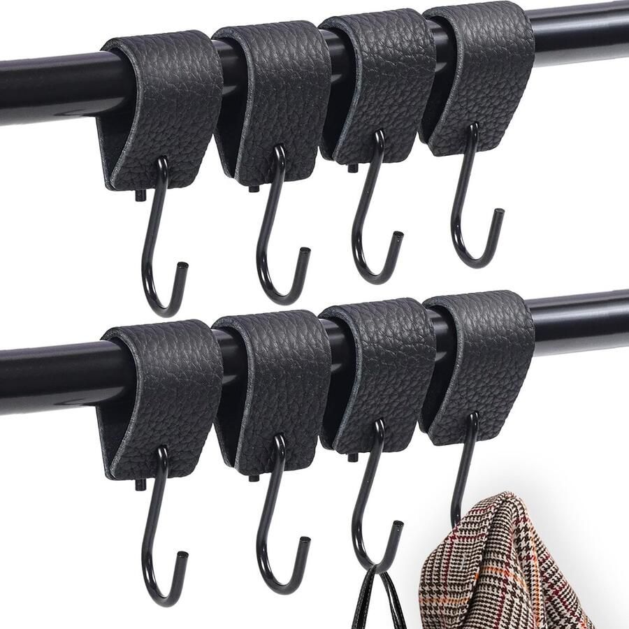 S-haken 8 stuks haken om op te hangen S-haken zwart jashaken zwart jashaken met leren lus voor kapstok kledingrek keuken badkamer