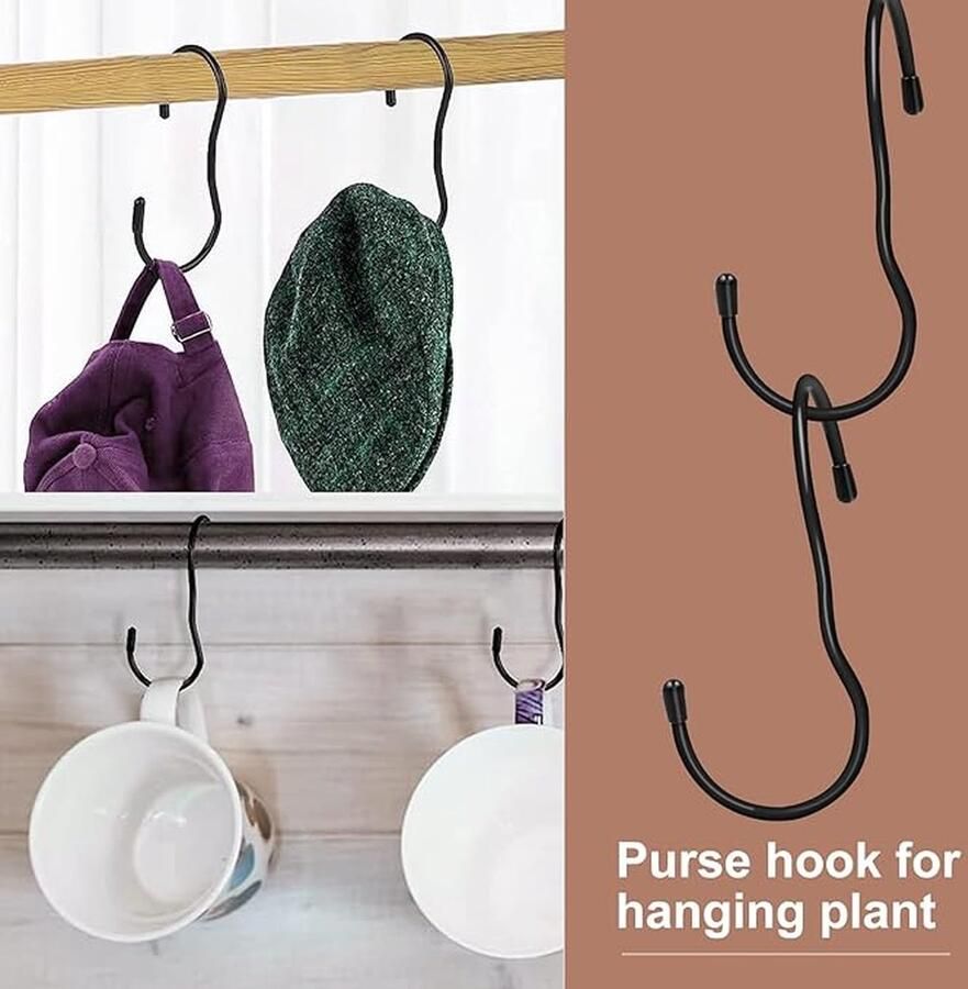 S-haken 90° haken zwart voor familie keuken kast garage tuin hangende potten en pannen koffiekopjes kleding planten (10 5 cm)