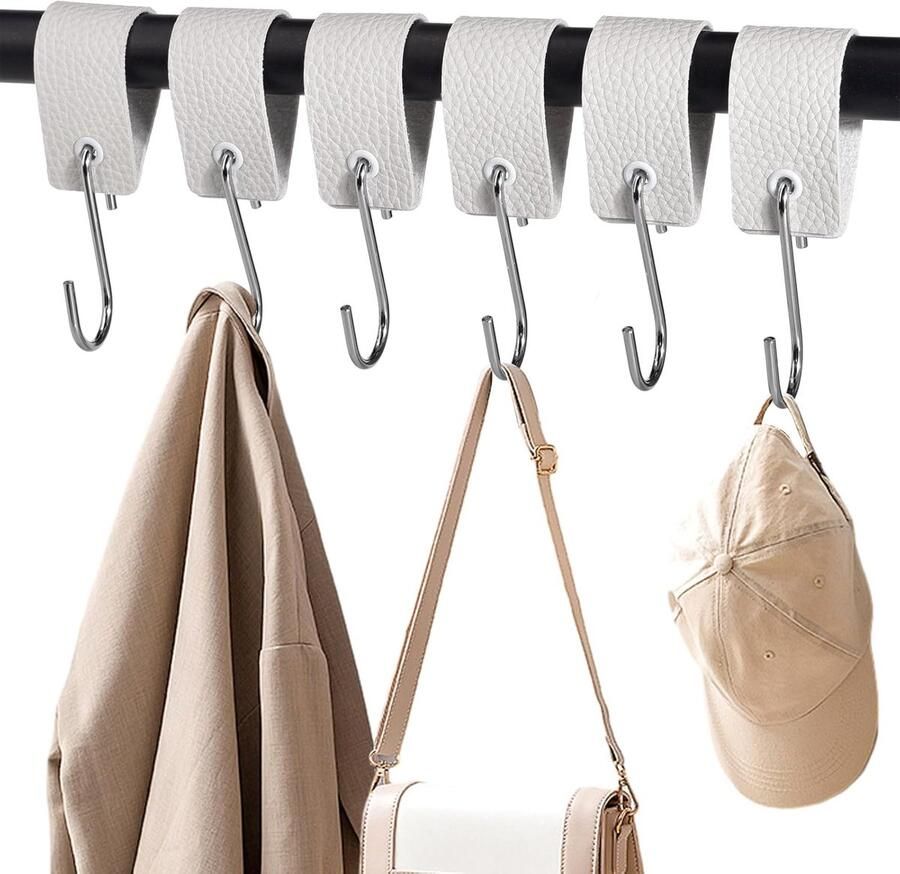 S-haken met leren lus 6 stuks wit ideaal voor garderobe en keuken